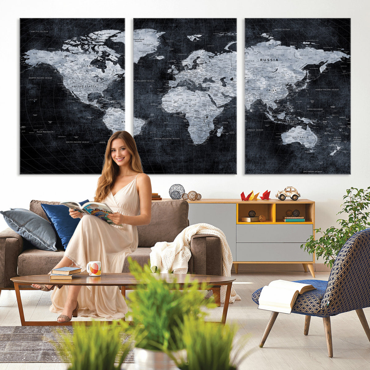 86893704-MGV-CV-36X24 - Black World Map Canvas Print | Detailed Map for Couples and Anniversary Gift