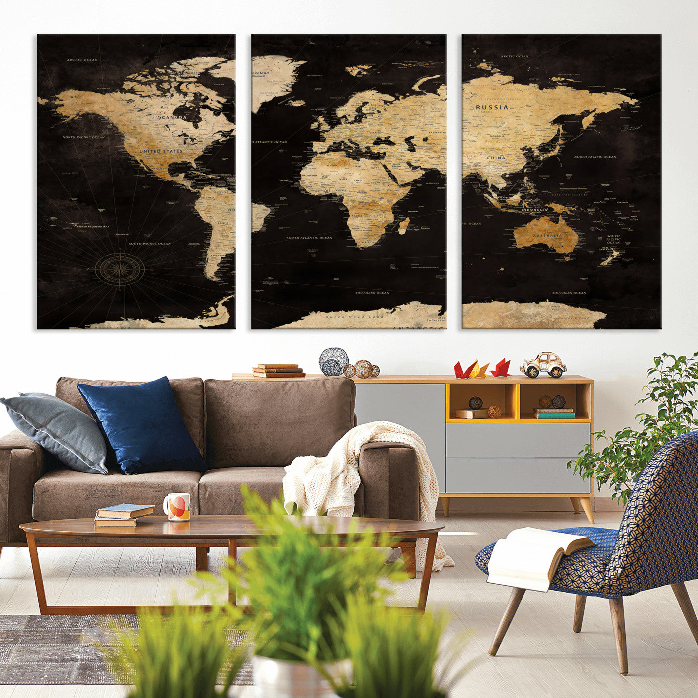 70468159-MGV-CV-36X24 - World Map Wall Art Canvas Print, Modern Decorative Framed Map Artwork Prints for Living Room, Office, Bedroom Wall Decor