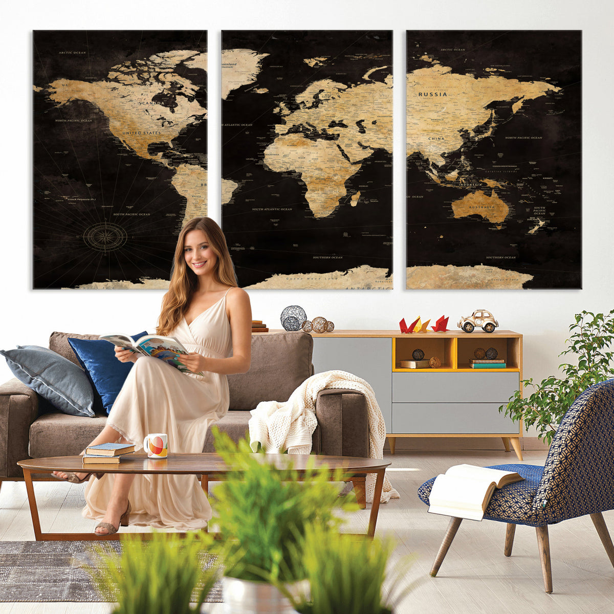 70468159-MGV-CV-36X24 - Extra Large World Map Canvas Print – Detailed Map Classic
