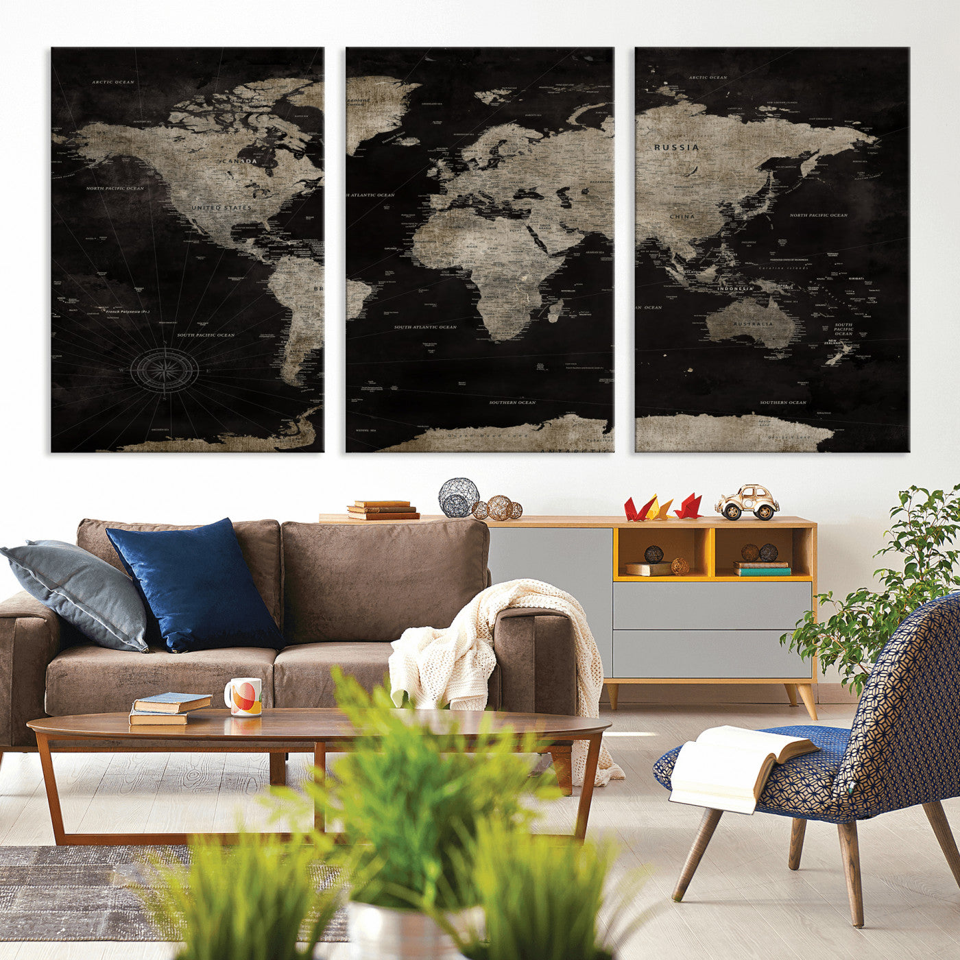 56225956-MGV-CV-36X24 - World Map Wall Art Canvas Print, Modern Decorative Framed Map Artwork Prints for Living Room, Office, Bedroom Wall Decor