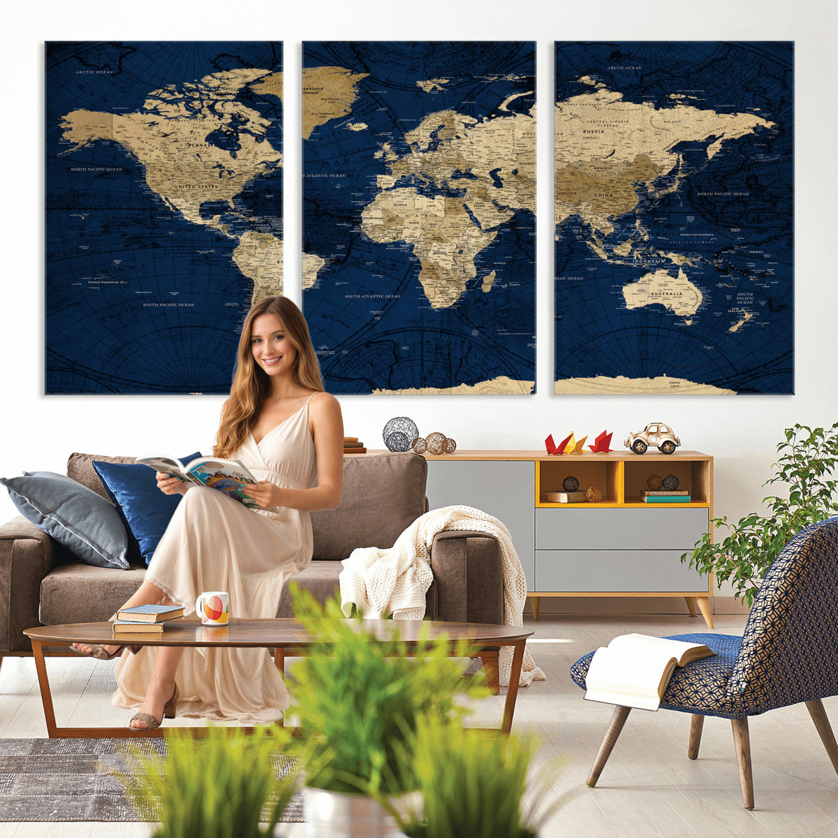 54770746-MGV-CV-36X24 - Navy Blue World Map Canvas Print – Detailed Map Minimal Navy