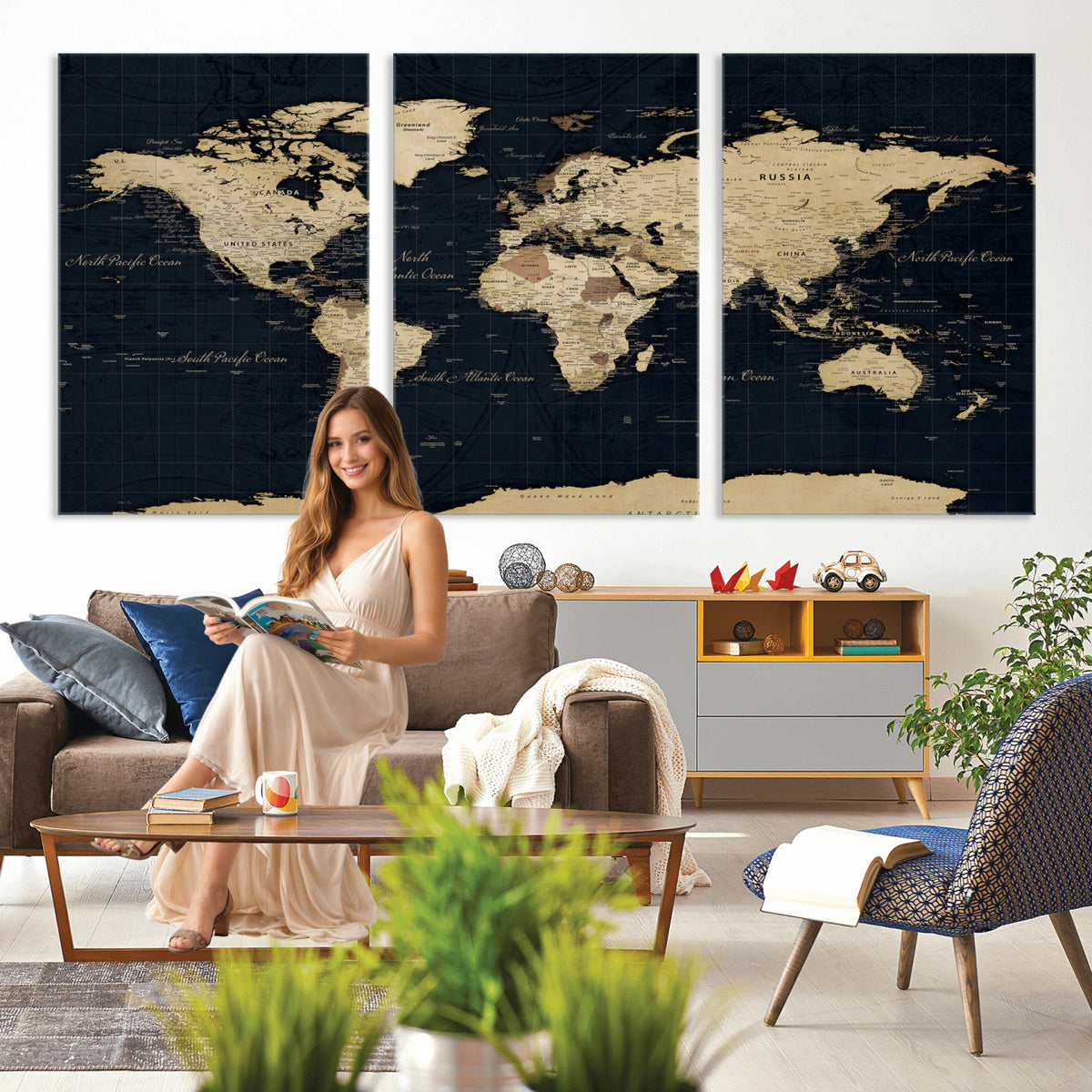 45063434-MGV-CV-36X24 - Dark World Map Canvas Wall Art Print, Minimal Black and Gold Map