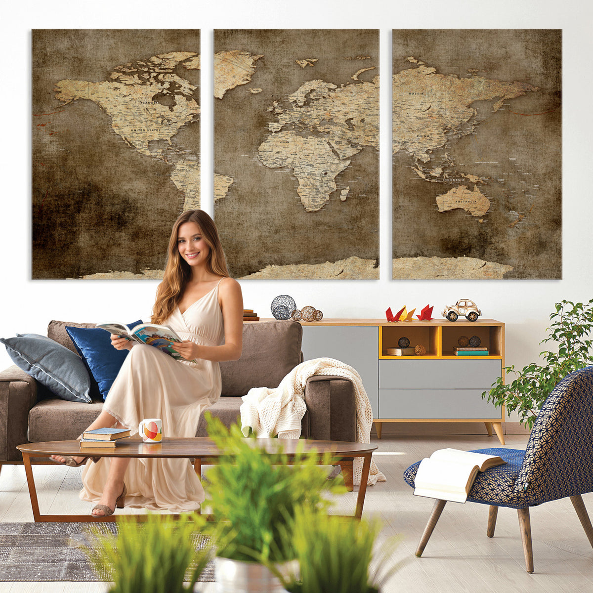 35847542-MGV-CV-36X24 - Dark Vintage World Map Canvas Wall Art Print, Antique Map