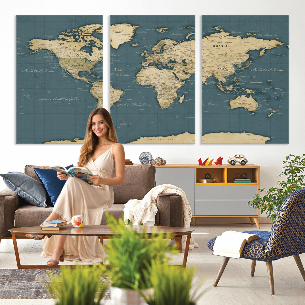 99599383-MGV-CV-36X24 - Minimal Vintage World Map Canvas Wall Art Print, Neutral