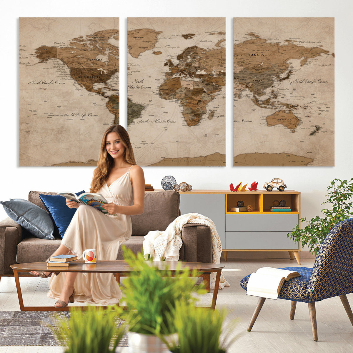 40064188-MGV-CV-36X24 - World Map Wall Art Canvas Print, Modern Decorative Framed Map Artwork Prints for Living Room, Office, Bedroom Wall Decor
