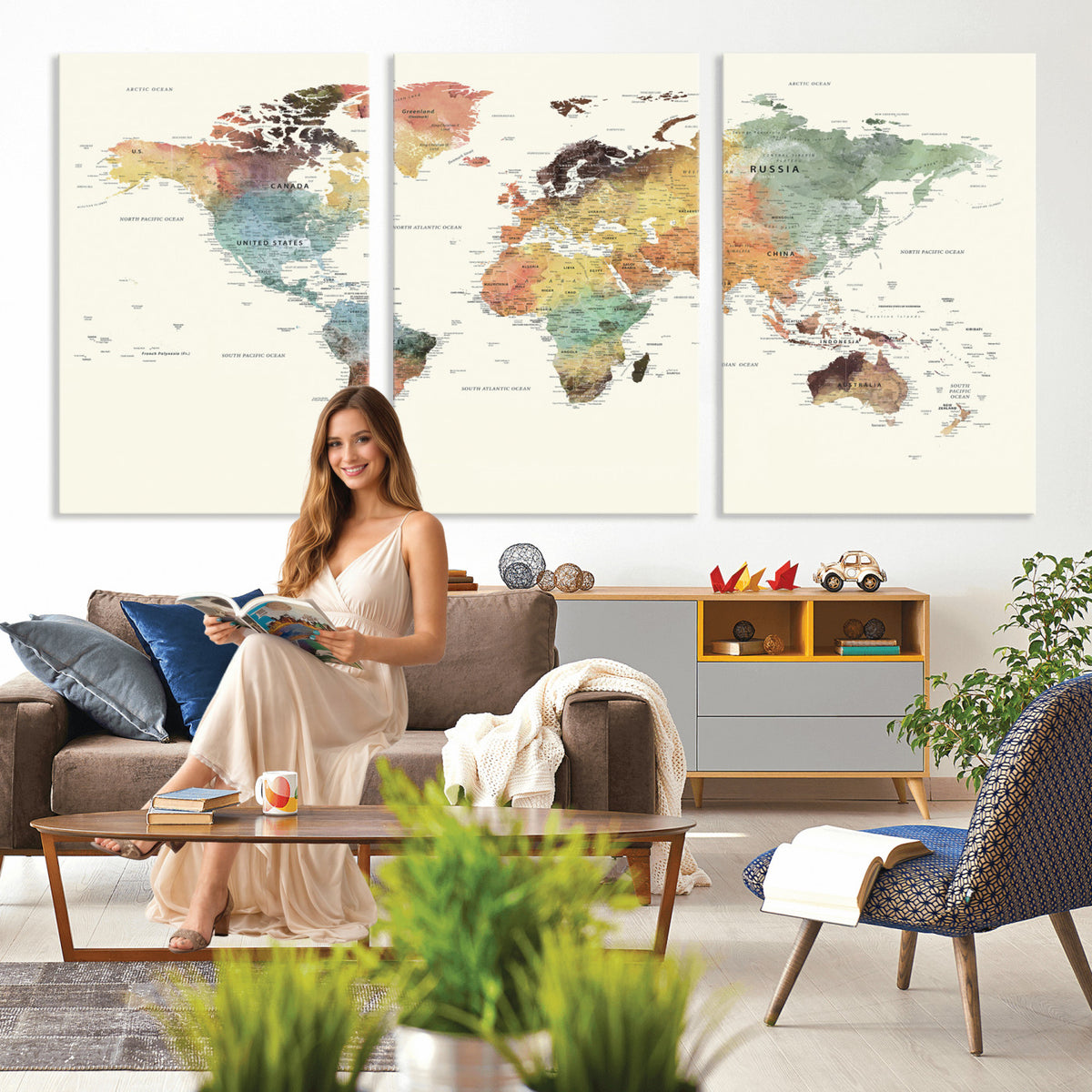 64206059-MGV-CV-36X24 - Framed World Map Wall Art Canvas Print for Living Room and Study Room