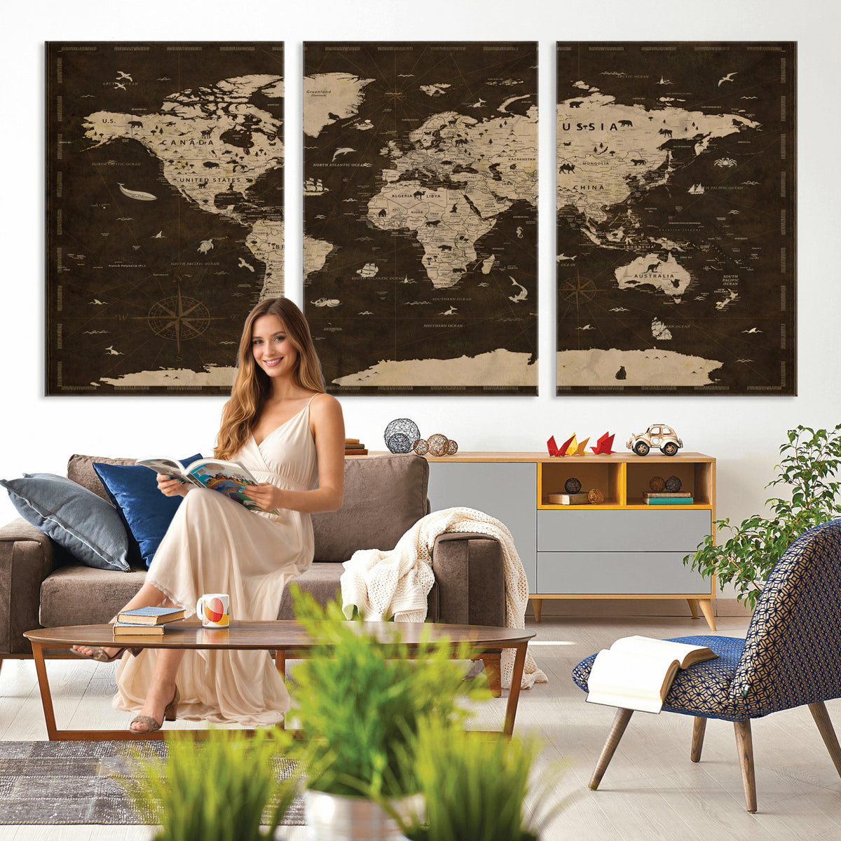 44276398-MGV-CV-36X24 - World Map Wall Art Canvas Print, Modern Decorative Framed Map Artwork Prints for Living Room, Office, Bedroom Wall Decor