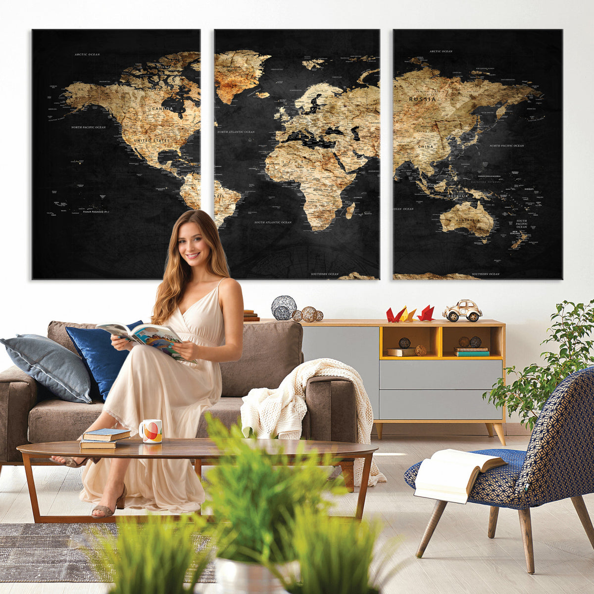 23568589-MGV-CV-36X24 - World Map Wall Art Canvas Print, Modern Decorative Framed Map Artwork Prints for Living Room, Office, Bedroom Wall Decor