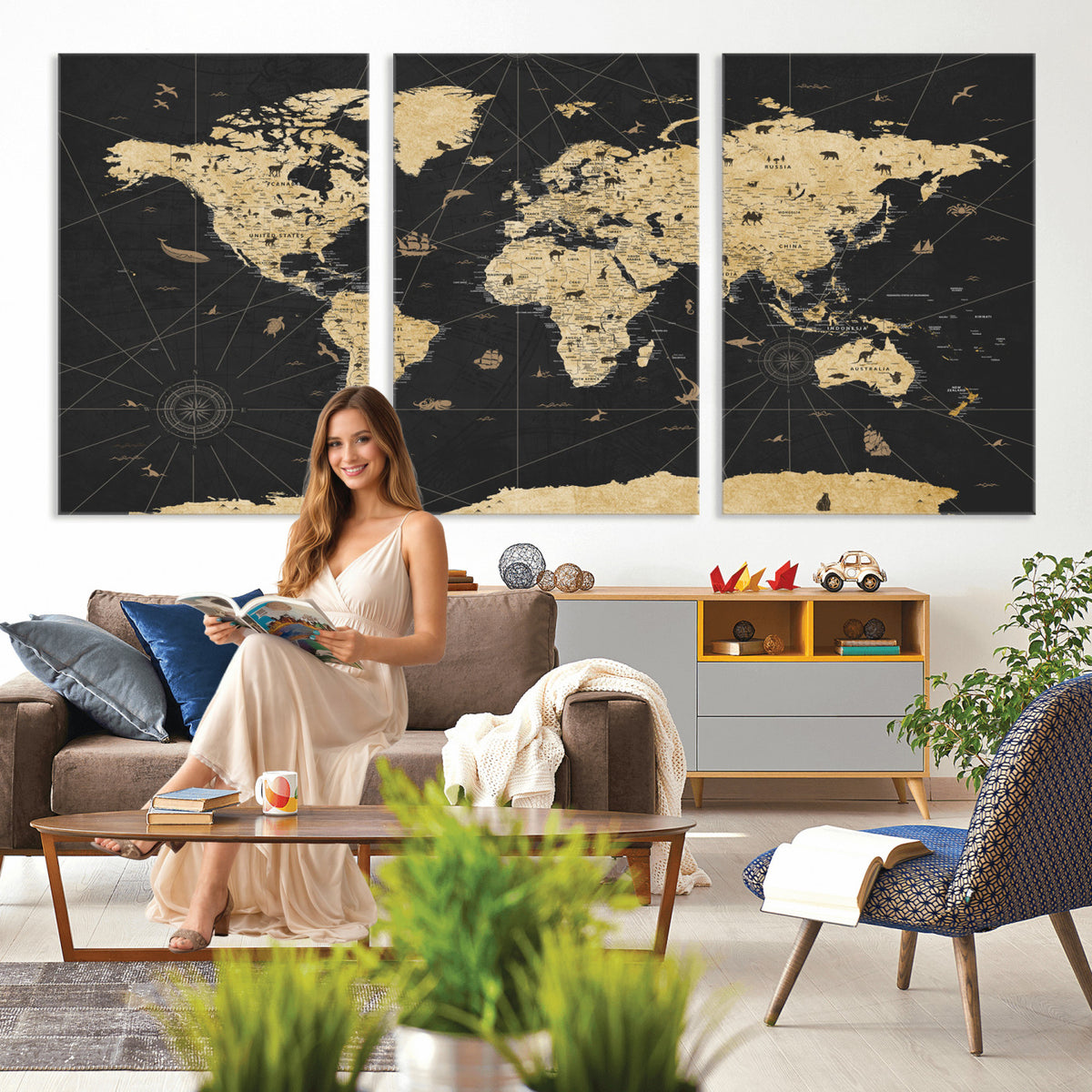 80270976-MGV-CV-36X24 - World Map Wall Art Canvas Print, Modern Decorative Framed Map Artwork Prints for Living Room, Office, Bedroom Wall Decor