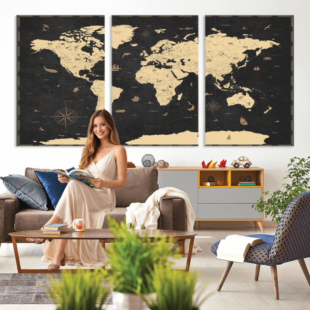 75220264-MGV-CV-36X24 - World Map Wall Art Canvas Print, Modern Decorative Framed Map Artwork Prints for Living Room, Office, Bedroom Wall Decor
