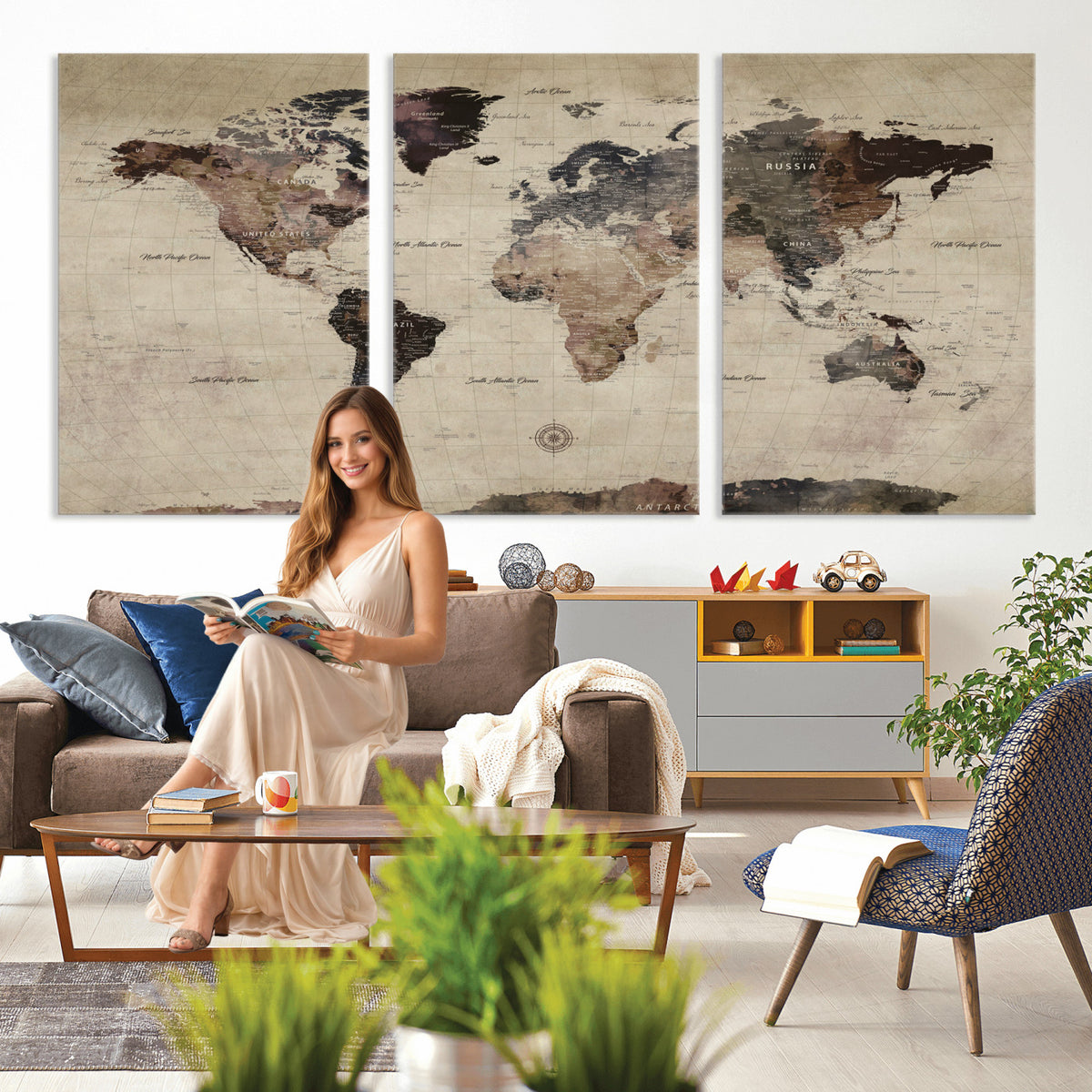 60560672-MGV-CV-36X24 - World Map Wall Art Canvas Print, Modern Decorative Framed Map Artwork Prints for Living Room, Office, Bedroom Wall Decor