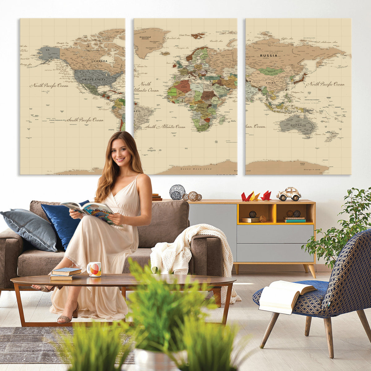 31407854-MGV-CV-36X24 - World Map Wall Art Canvas Print, Modern Decorative Framed Map Artwork Prints for Living Room, Office, Bedroom Wall Decor