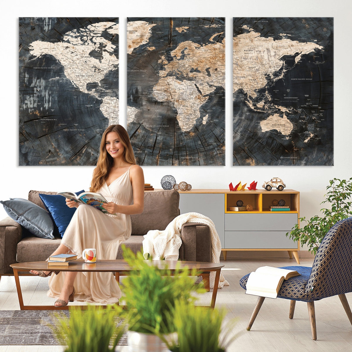 89162112-MGV-CV-36X24 - World Map Wall Art Canvas Print, Modern Decorative Framed Map Artwork Prints for Living Room, Office, Bedroom Wall Decor