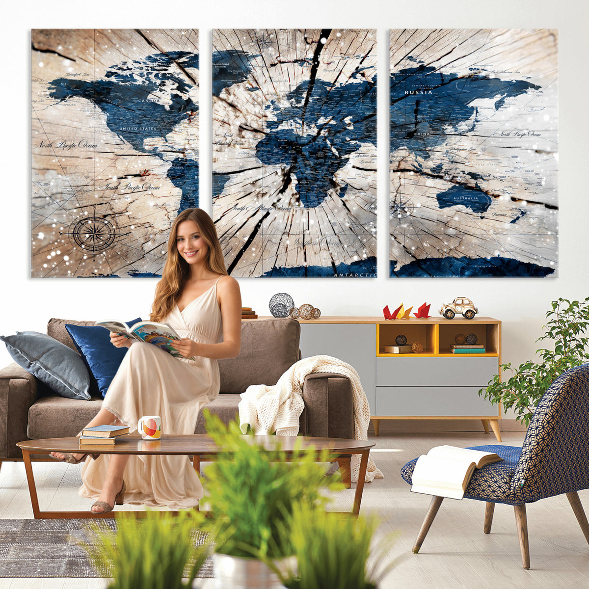 19478704-MGV-CV-36X24 - World Map Wall Art Canvas Print, Modern Decorative Framed Map Artwork Prints for Living Room, Office, Bedroom Wall Decor