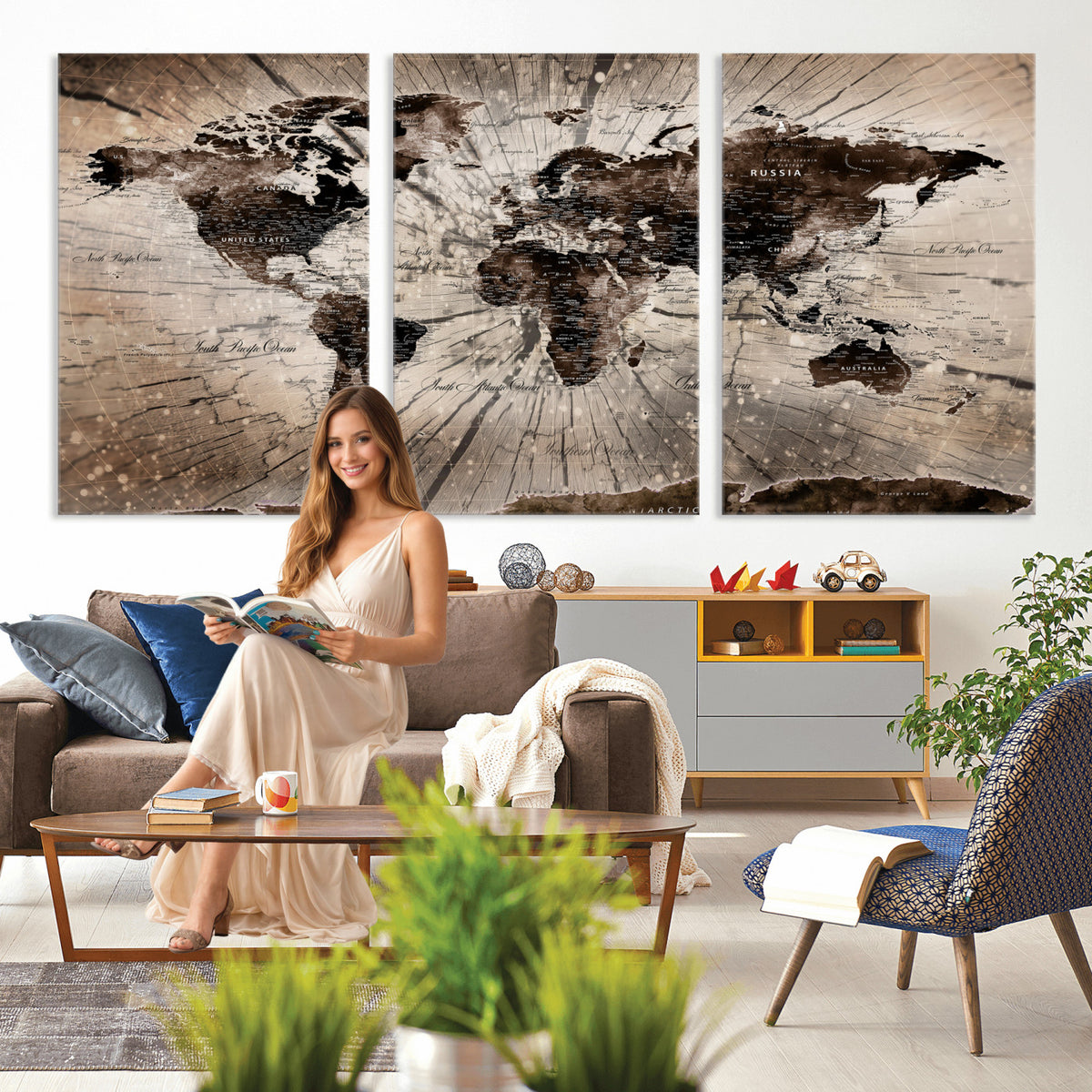 94623295-MGV-CV-36X24 - World Map Wall Art Canvas Print, Modern Decorative Framed Map Artwork Prints for Living Room, Office, Bedroom Wall Decor