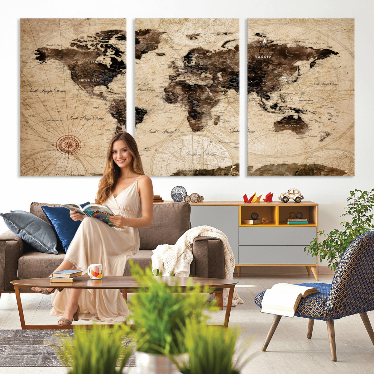 47657418-MGV-CV-36X24 - World Map Wall Art Canvas Print, Modern Decorative Framed Map Artwork Prints for Living Room, Office, Bedroom Wall Decor