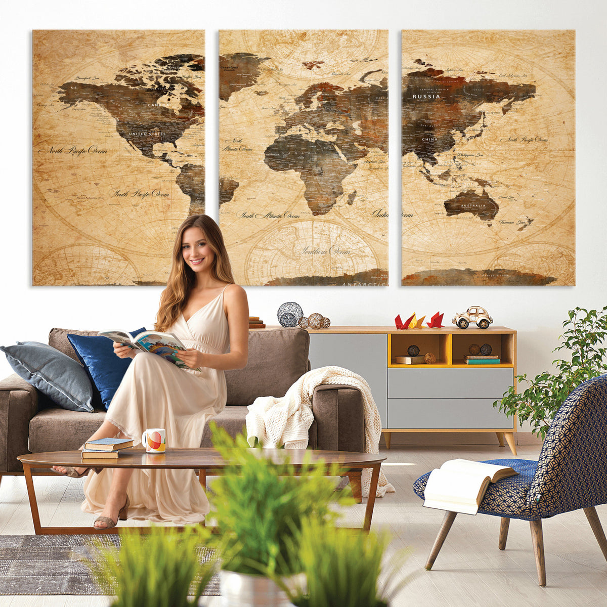 63156625-MGV-CV-36X24 - World Map Wall Art Canvas Print, Modern Decorative Framed Map Artwork Prints for Living Room, Office, Bedroom Wall Decor