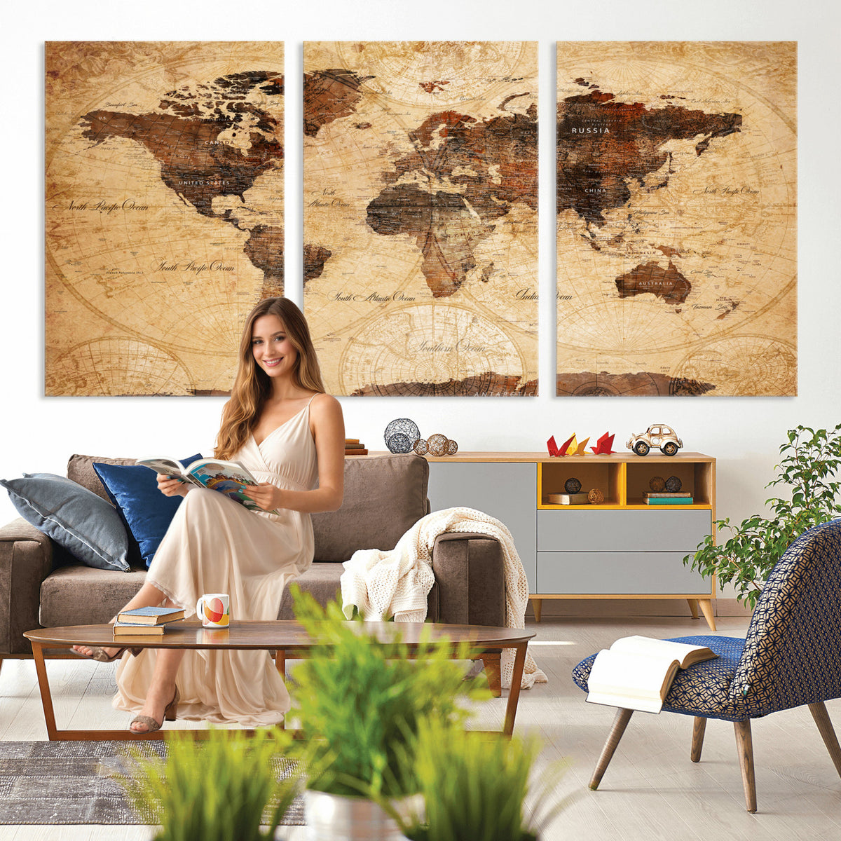 40760475-MGV-CV-36X24 - World Map Wall Art Canvas Print, Modern Decorative Framed Map Artwork Prints for Living Room, Office, Bedroom Wall Decor