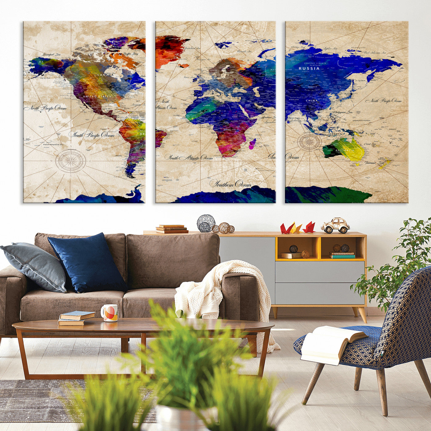 26284075-MGV-CV-36X24 - World Map Wall Art Canvas Print, Modern Decorative Framed Map Artwork Prints for Living Room, Office, Bedroom Wall Decor