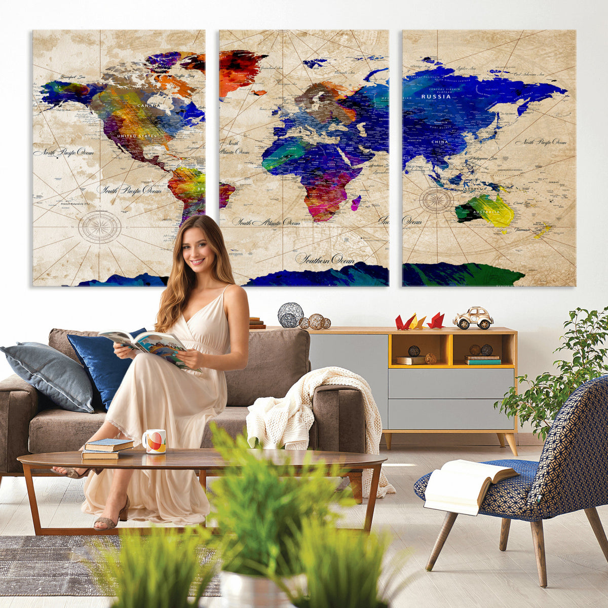 26284075-MGV-CV-36X24 - World Map Wall Art Canvas Print, Modern Decorative Framed Map Artwork Prints for Living Room, Office, Bedroom Wall Decor