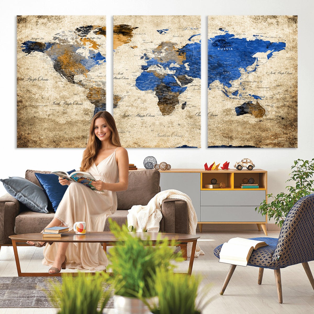 27314341-MGV-CV-36X24 - World Map Wall Art Canvas Print, Modern Decorative Framed Map Artwork Prints for Living Room, Office, Bedroom Wall Decor