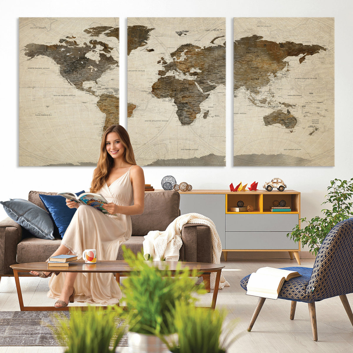 49623468-MGV-CV-36X24 - World Map Wall Art Canvas Print, Modern Decorative Framed Map Artwork Prints for Living Room, Office, Bedroom Wall Decor