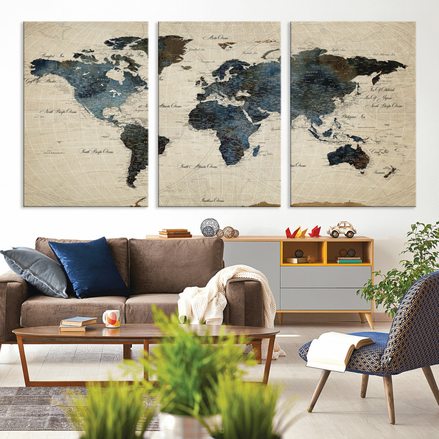 72927803-MGV-CV-36X24 - World Map Wall Art Canvas Print, Modern Decorative Framed Map Artwork Prints for Living Room, Office, Bedroom Wall Decor