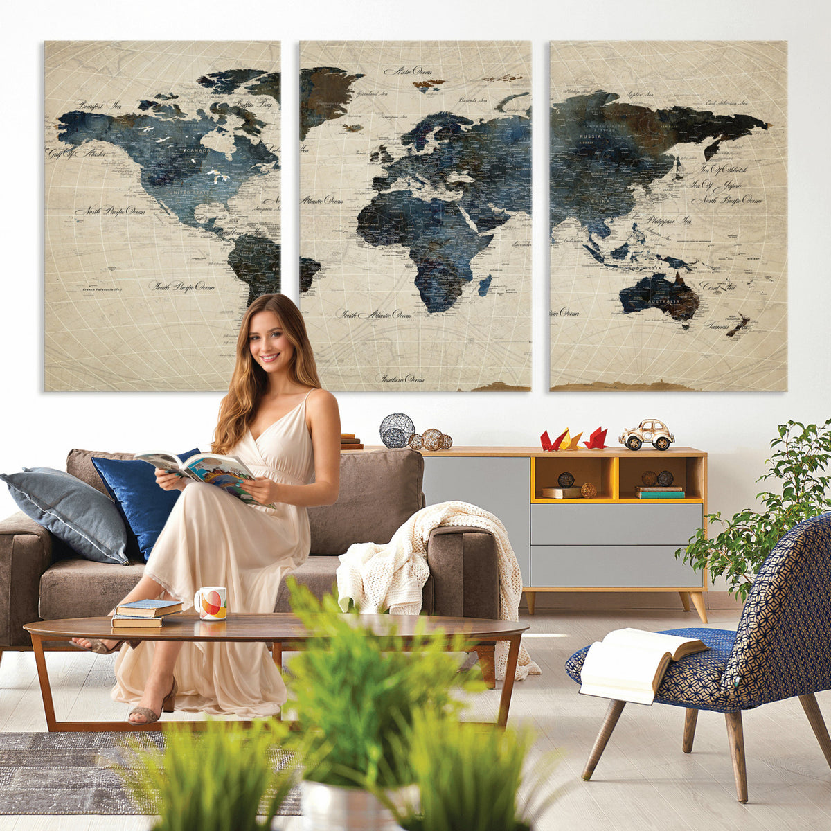 72927803-MGV-CV-36X24 - World Map Wall Art Canvas Print, Modern Decorative Framed Map Artwork Prints for Living Room, Office, Bedroom Wall Decor