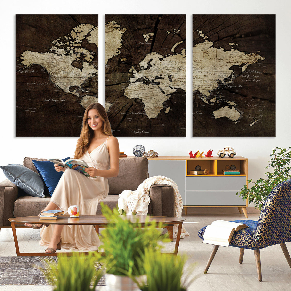 40991509-MGV-CV-36X24 - World Map Wall Art Canvas Print, Modern Decorative Framed Map Artwork Prints for Living Room, Office, Bedroom Wall Decor