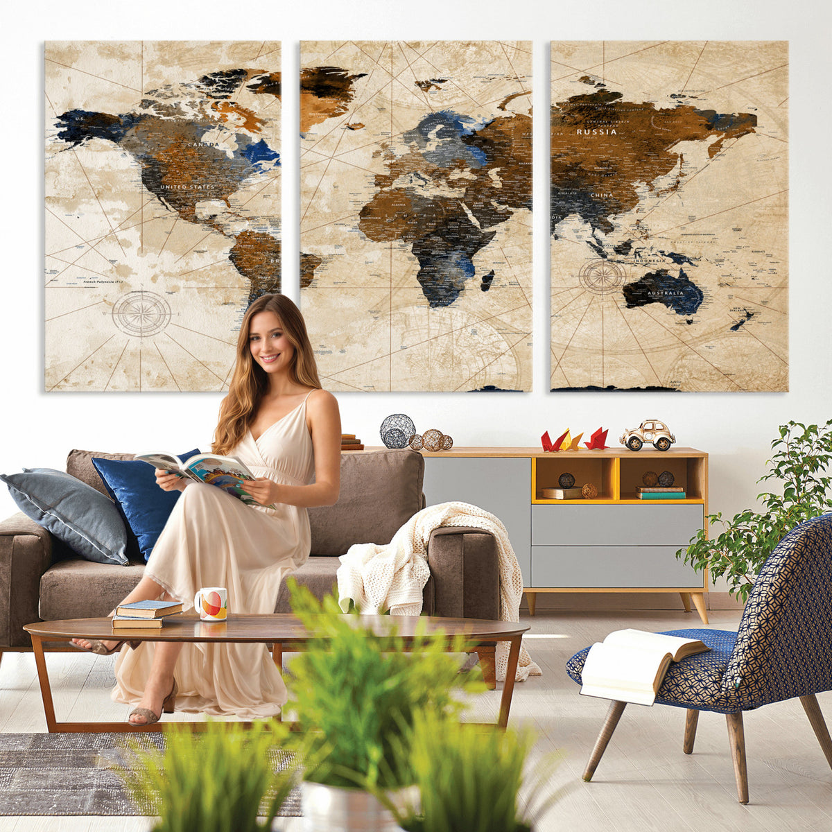 15727090-MGV-CV-36X24 - World Map Wall Art Canvas Print, Modern Decorative Framed Map Artwork Prints for Living Room, Office, Bedroom Wall Decor