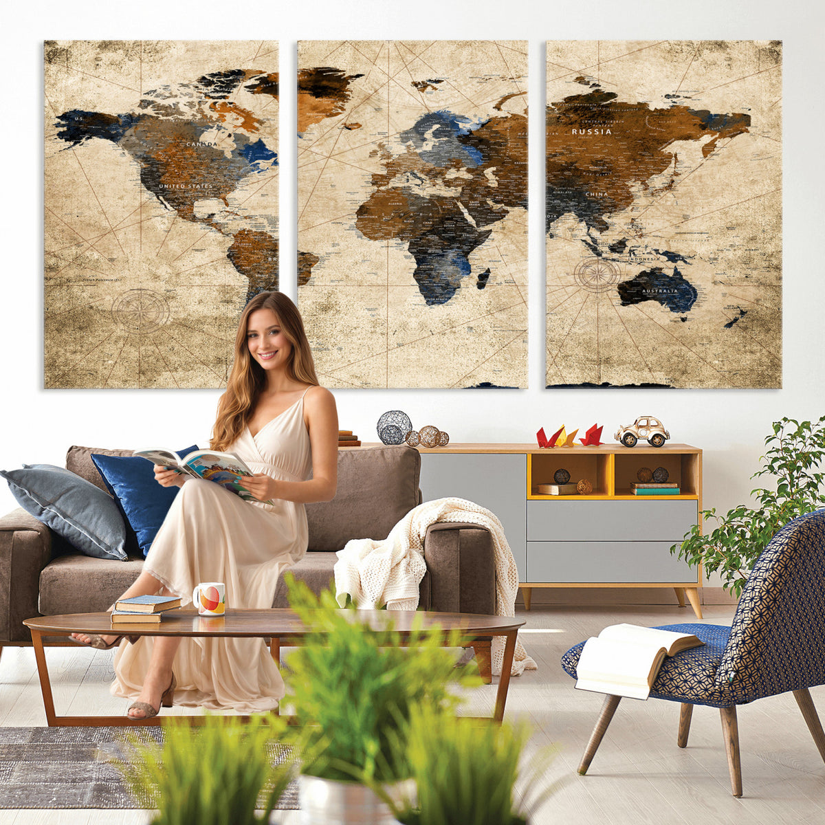 27163414-MGV-CV-36X24 - World Map Wall Art – Rustic Earth Tone Canvas Print, Antique