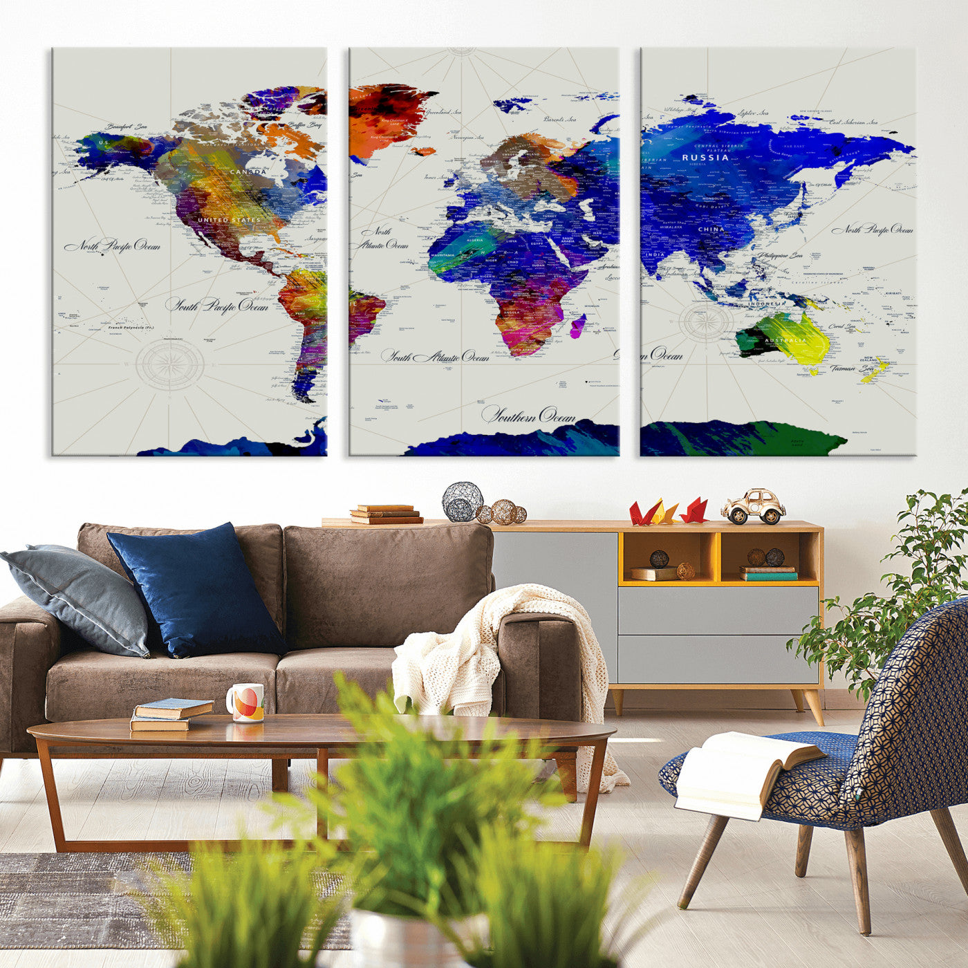49670038-MGV-CV-36X24 - World Map Wall Art Canvas Print, Modern Decorative Framed Map Artwork Prints for Living Room, Office, Bedroom Wall Decor