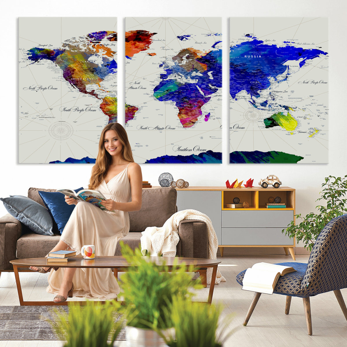49670038-MGV-CV-36X24 - World Map Wall Art Canvas Print, Modern Decorative Framed Map Artwork Prints for Living Room, Office, Bedroom Wall Decor