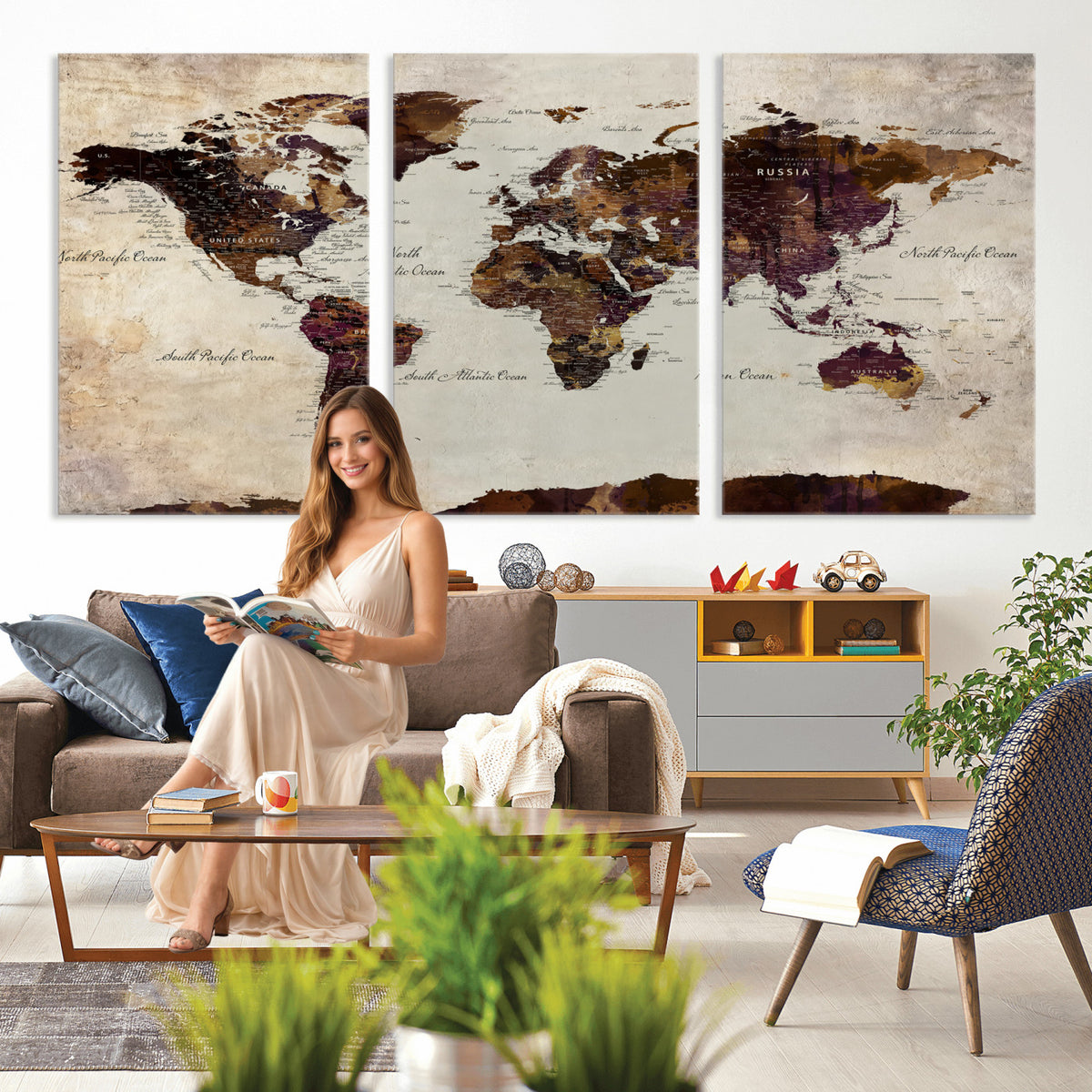 50611123-MGV-CV-36X24 - World Map Canvas Triptych | Colorful Global Wall Art for Living Rooms