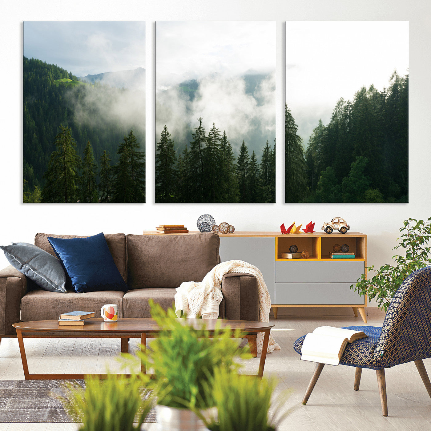 67174129-MGV-CV-36X24 - Misty Mountain Forest Canvas Print, Foggy Pine Trees Nature Wall Art, Framed Canvas Ready to Hang