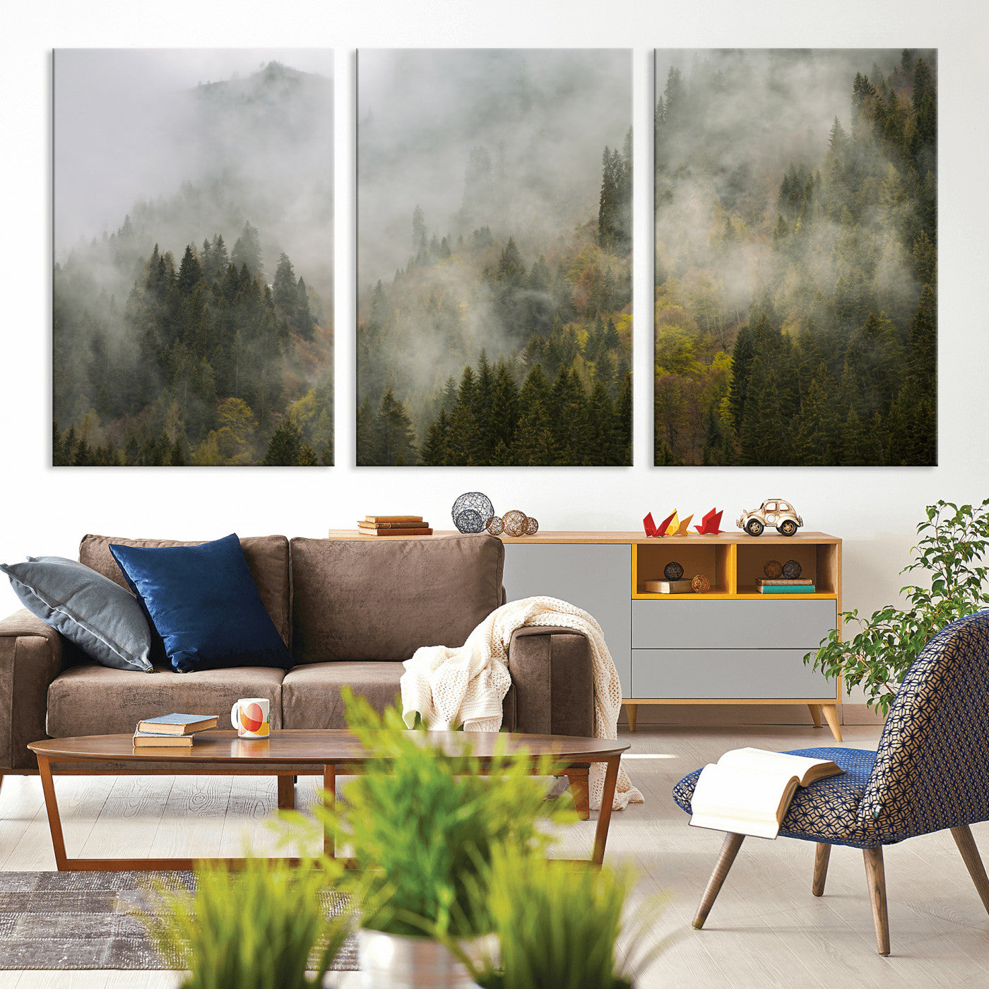 31152954-MGV-CV-36X24 - Misty Mountain Forest Canvas Print, Foggy Pine Trees Nature Wall Art, Framed Canvas Ready to Hang