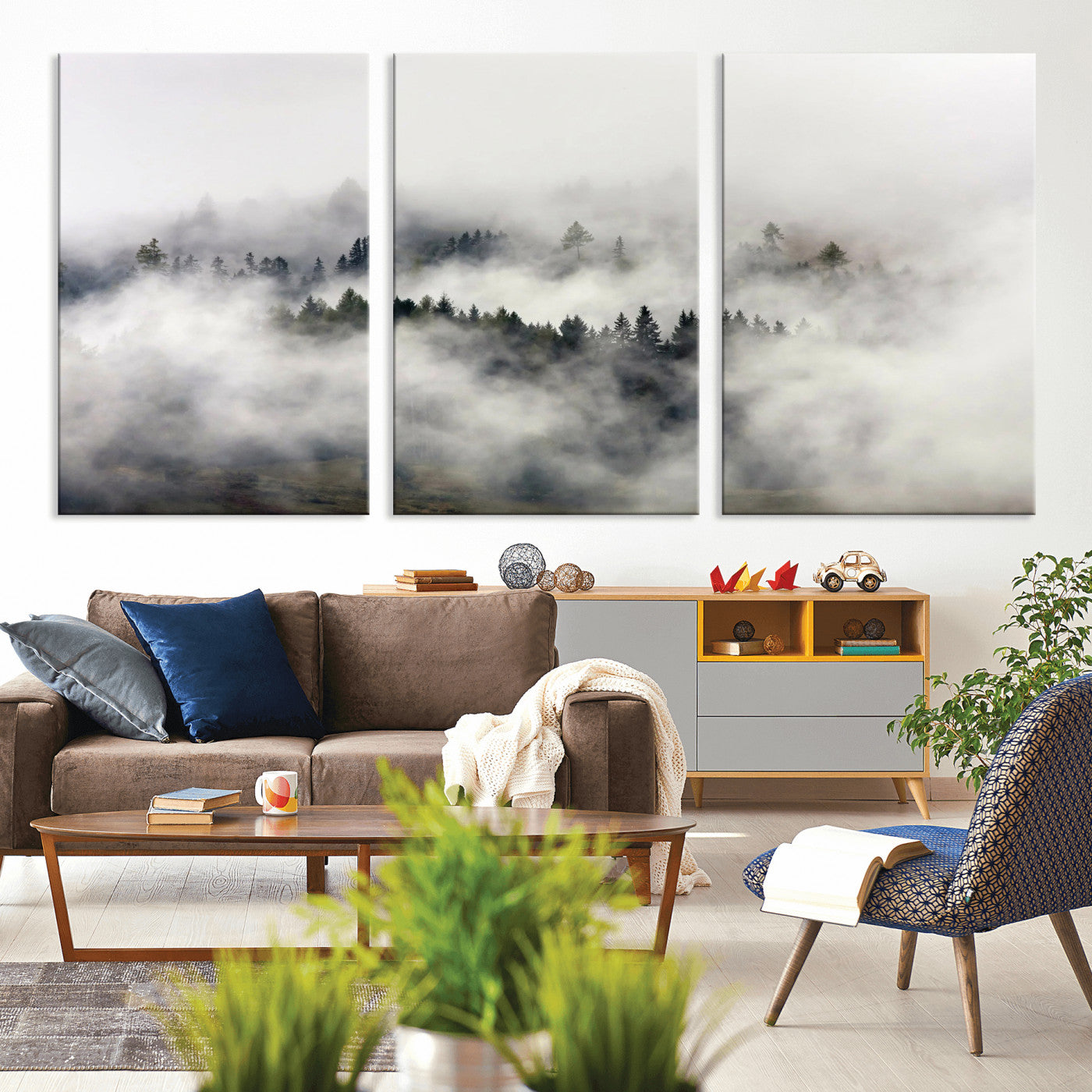 63235457-MGV-CV-36X24 - Foggy Forest Wall Art Canvas Print, Misty Pine Tree Landscape Wall Art Print, Framed Wall Art Ready to Hang