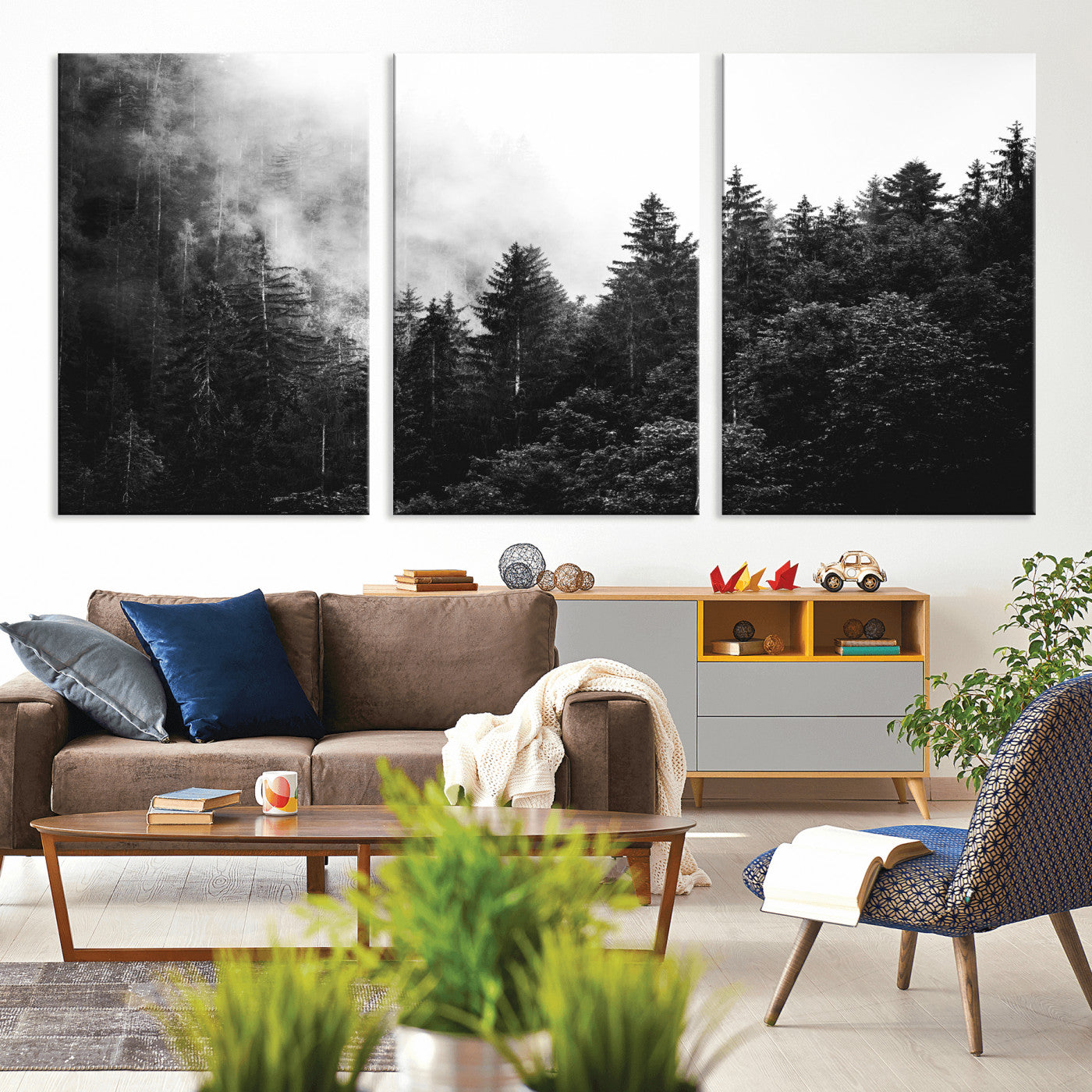 98764151-MGV-CV-36X24 - Black and White Forest Wall Art Canvas Print, Misty Pine Tree Landscape Photography, Framed Wall Art Ready to Hang