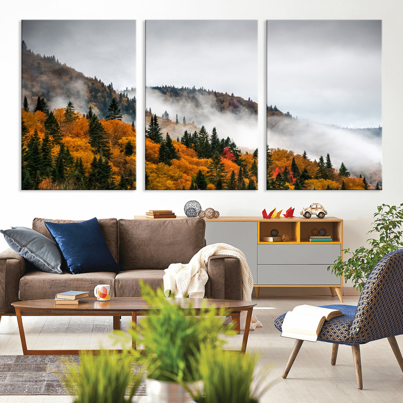 93581632-MGV-CV-36X24 - Autumn Forest Wall Art Canvas Print, Foggy Mountain Landscape Nature Photography, Framed Wall Art Ready to Hang