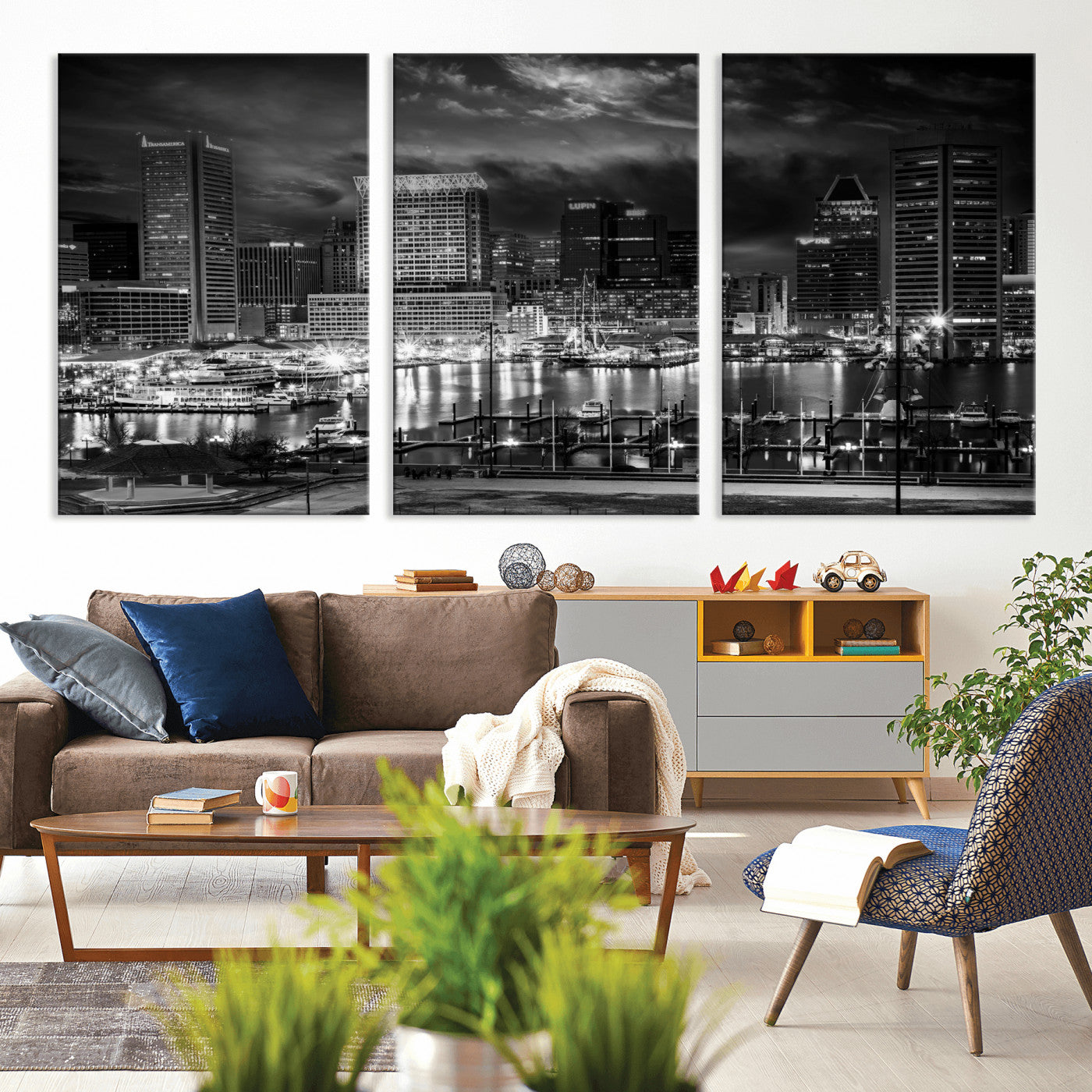 79755655-MGV-CV-36X24 - Baltimore Skyline Wall Art Canvas Print, Baltimore Downtown Night Cityscape Print for Modern Urban Wall Decor