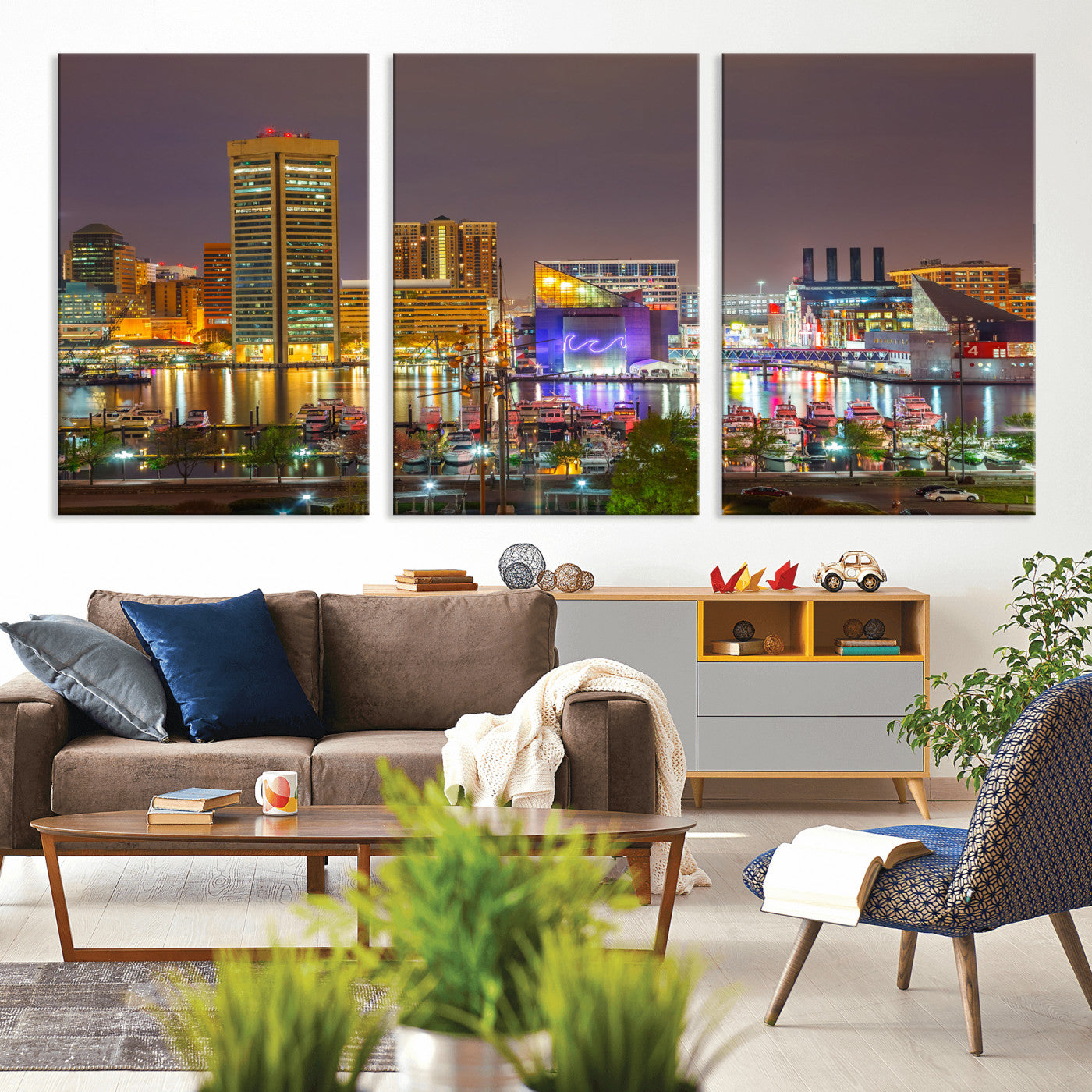 42654823-MGV-CV-36X24 - Baltimore Skyline Wall Art Canvas Print, Baltimore Downtown Night Cityscape Print for Modern Urban Wall Decor