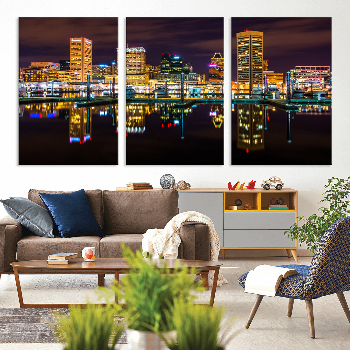 38201692-MGV-CV-36X24 - Baltimore Skyline Wall Art Canvas Print, Baltimore Downtown Night Cityscape Print for Modern Urban Wall Decor