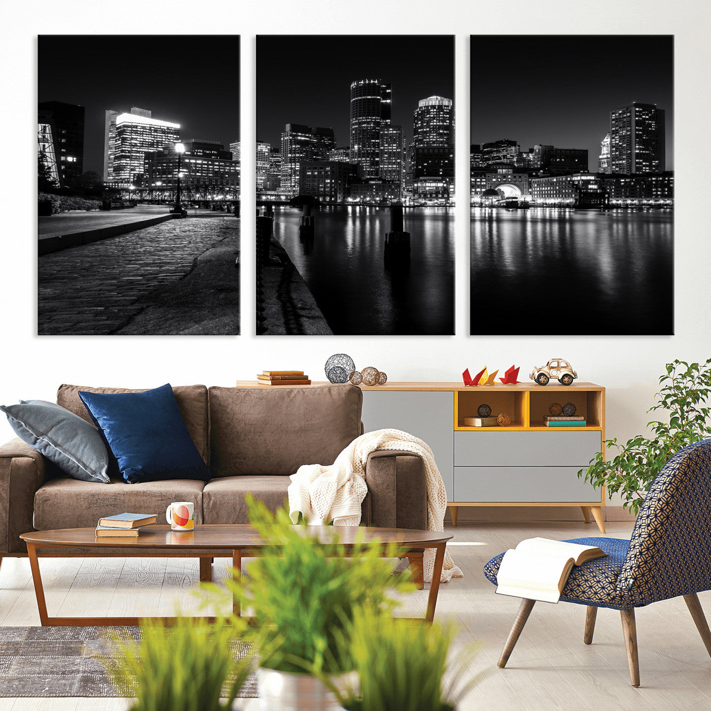 53082656-MGV-CV-36X24 - Boston Wall Art Canvas Print, Boston City Downtown Night Cityscape Print for Modern Urban Wall Decor