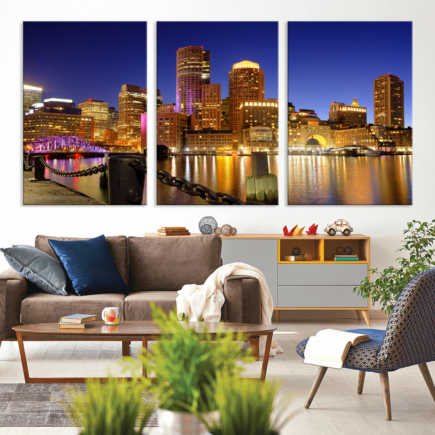 56611117-MGV-CV-36X24 - Boston Wall Art Canvas Print, Boston City Downtown Night Cityscape Print for Modern Urban Wall Decor