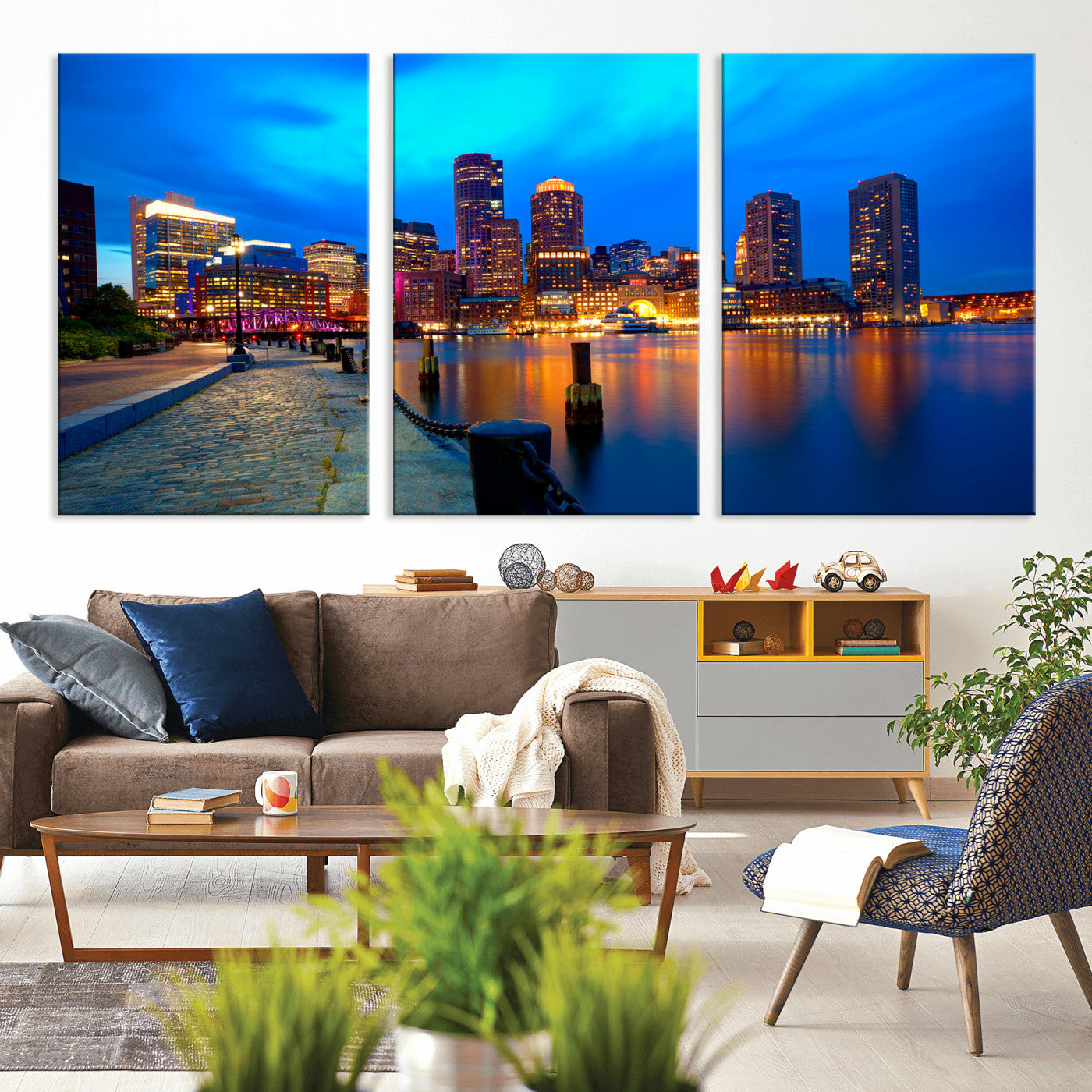 69619565-MGV-CV-36X24 - Boston Wall Art Canvas Print, Boston City Downtown Night Cityscape Print for Modern Urban Wall Decor