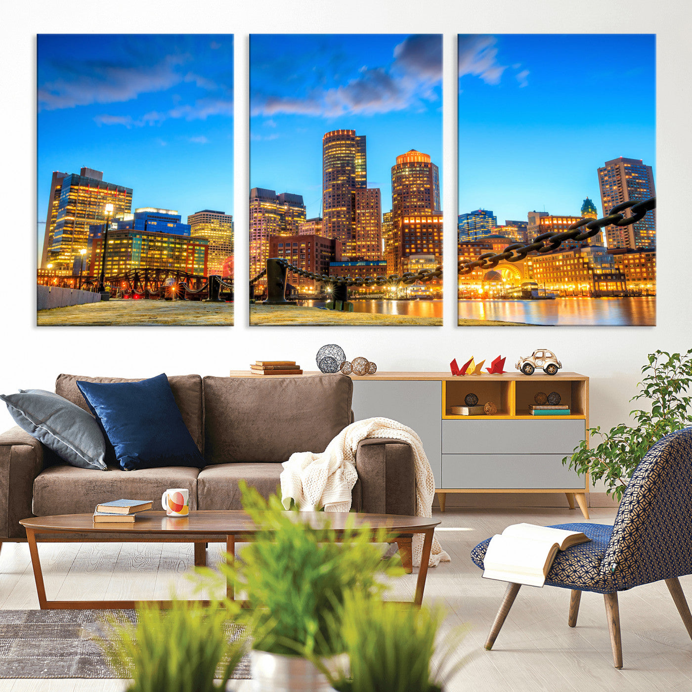 46736409-MGV-CV-36X24 - Boston Wall Art Canvas Print, Boston City Downtown Night Cityscape Print for Modern Urban Wall Decor