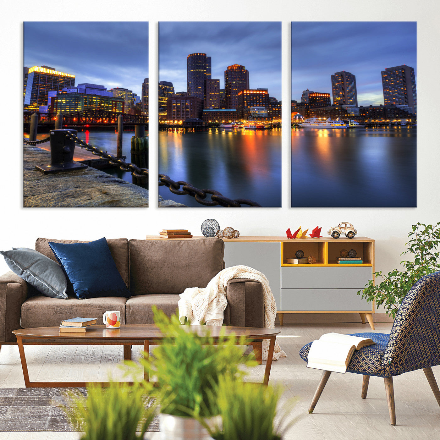 82439622-MGV-CV-36X24 - Boston Wall Art Canvas Print, Boston City Downtown Night Cityscape Print for Modern Urban Wall Decor