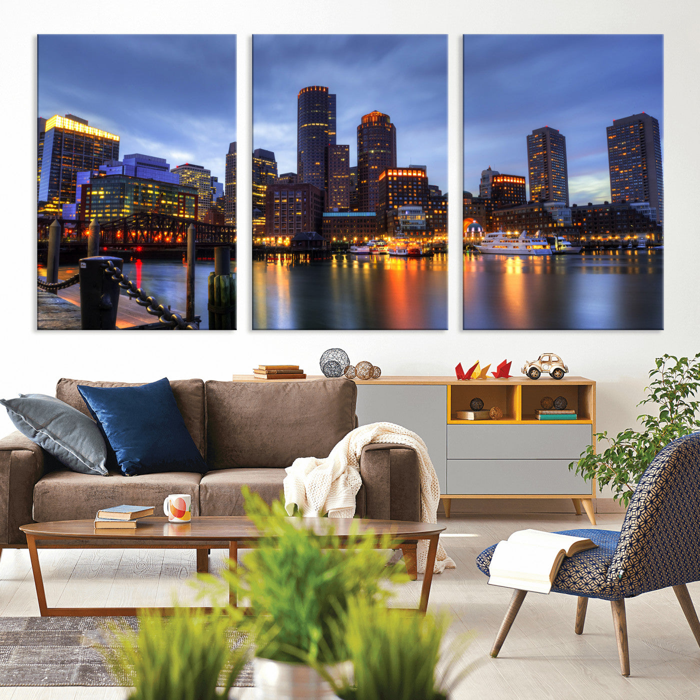 74951698-MGV-CV-60X30-3P - Boston Wall Art Canvas Print, Boston City Downtown Night Cityscape Print for Modern Urban Wall Decor