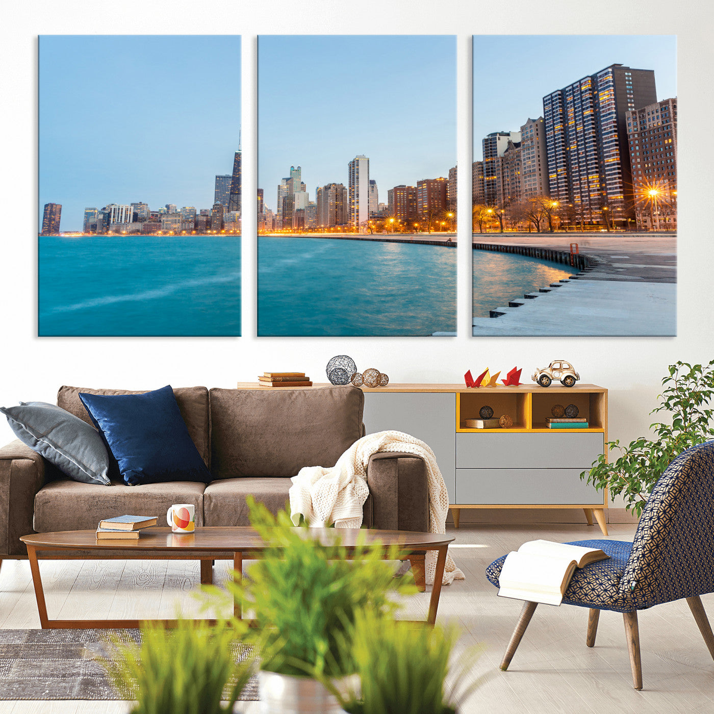 66780141-MGV-CV-36X24 - Chicago Wall Art Canvas Print, Chicago City Downtown Night Cityscape Print for Modern Urban Wall Decor