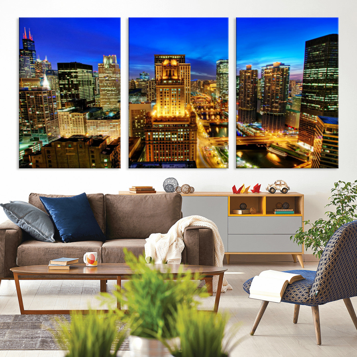 46298885-MGV-CV-36X24 - Chicago Wall Art Canvas Print, Chicago City Downtown Night Cityscape Print for Modern Urban Wall Decor